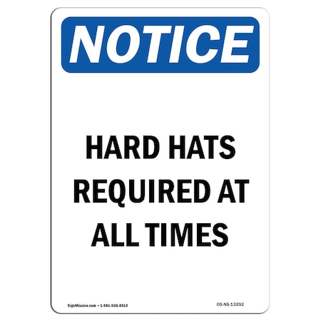 OSHA Notice Sign, Hard Hats Required At All Times, 18in X 12in Aluminum